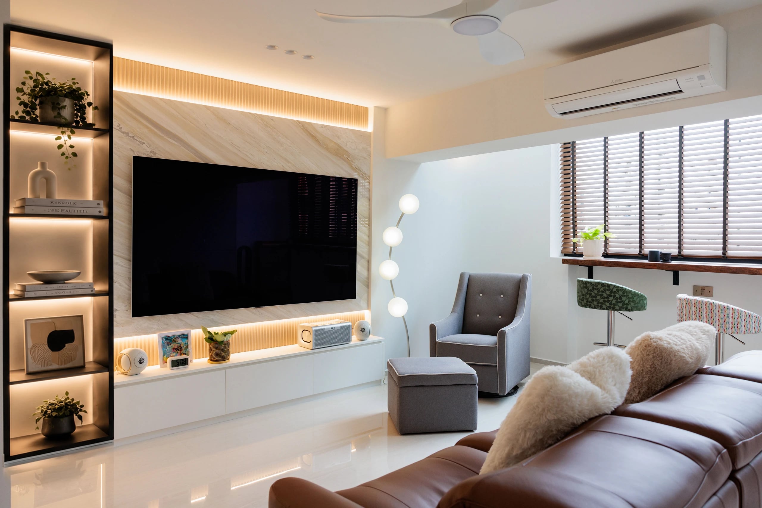 Living room lit feature wall balcony